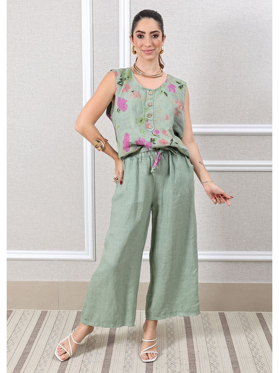 Conjunto Rebeca Linho Italiano Verde Menta