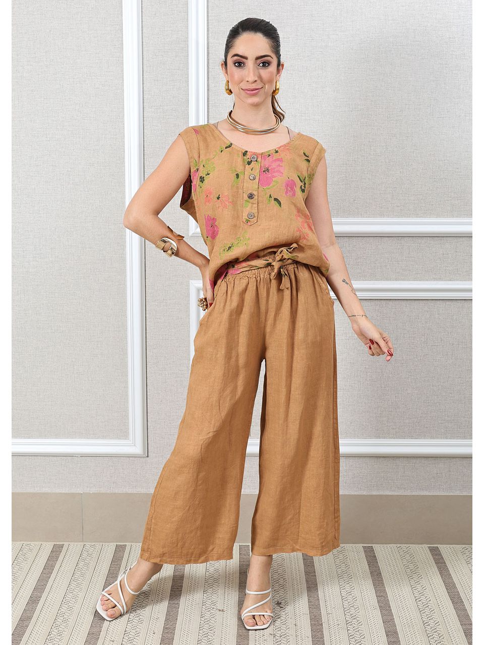 Conjunto Rebeca Linho Italiano Caramelo