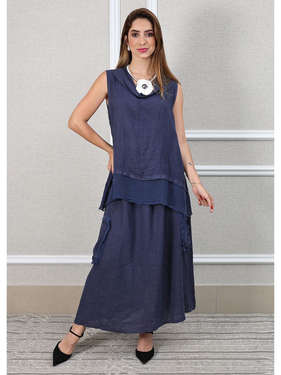 Conjunto Solange Linho Italiano Azul Marinho