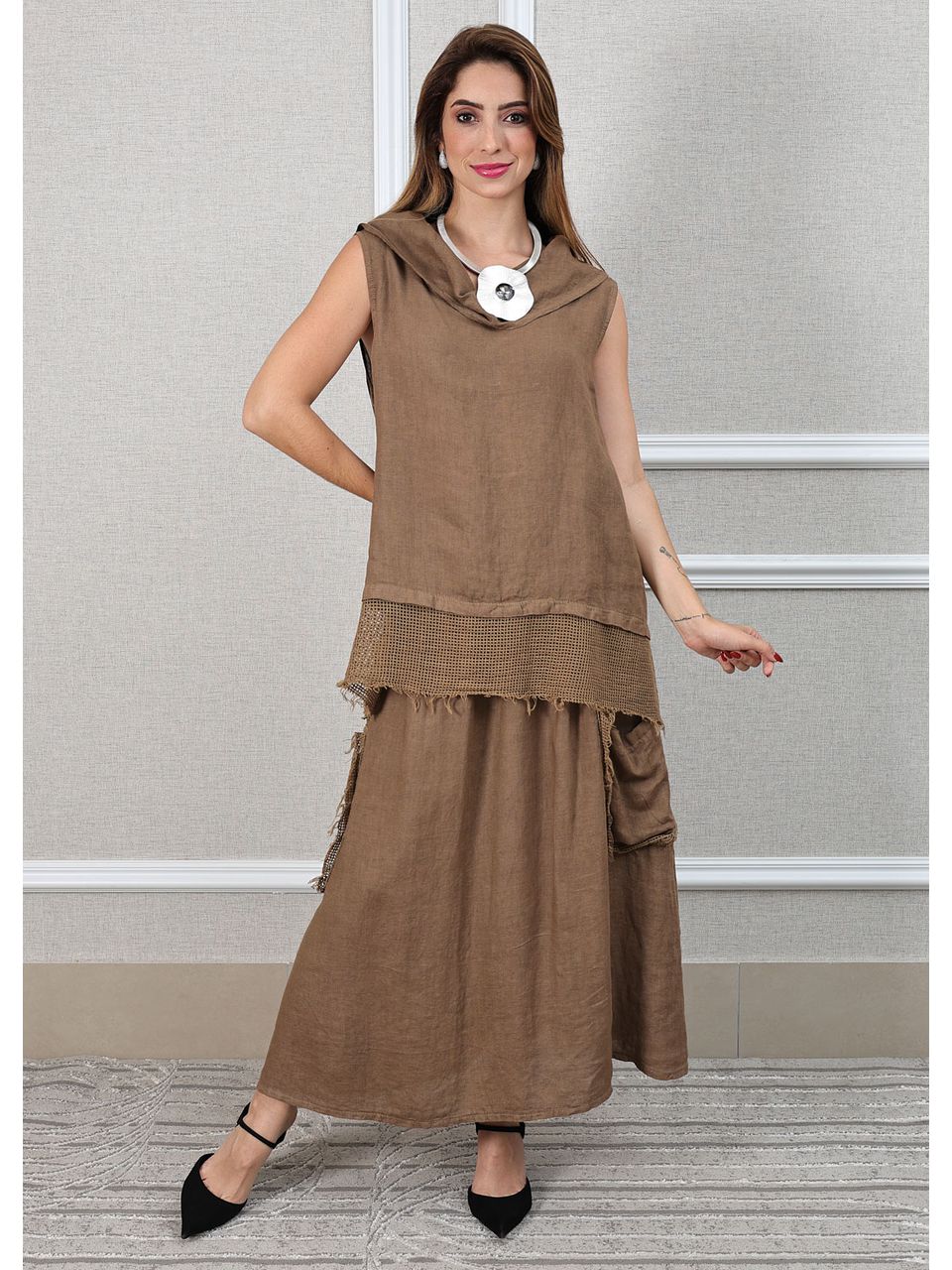 Conjunto Solange Linho Italiano Caramelo