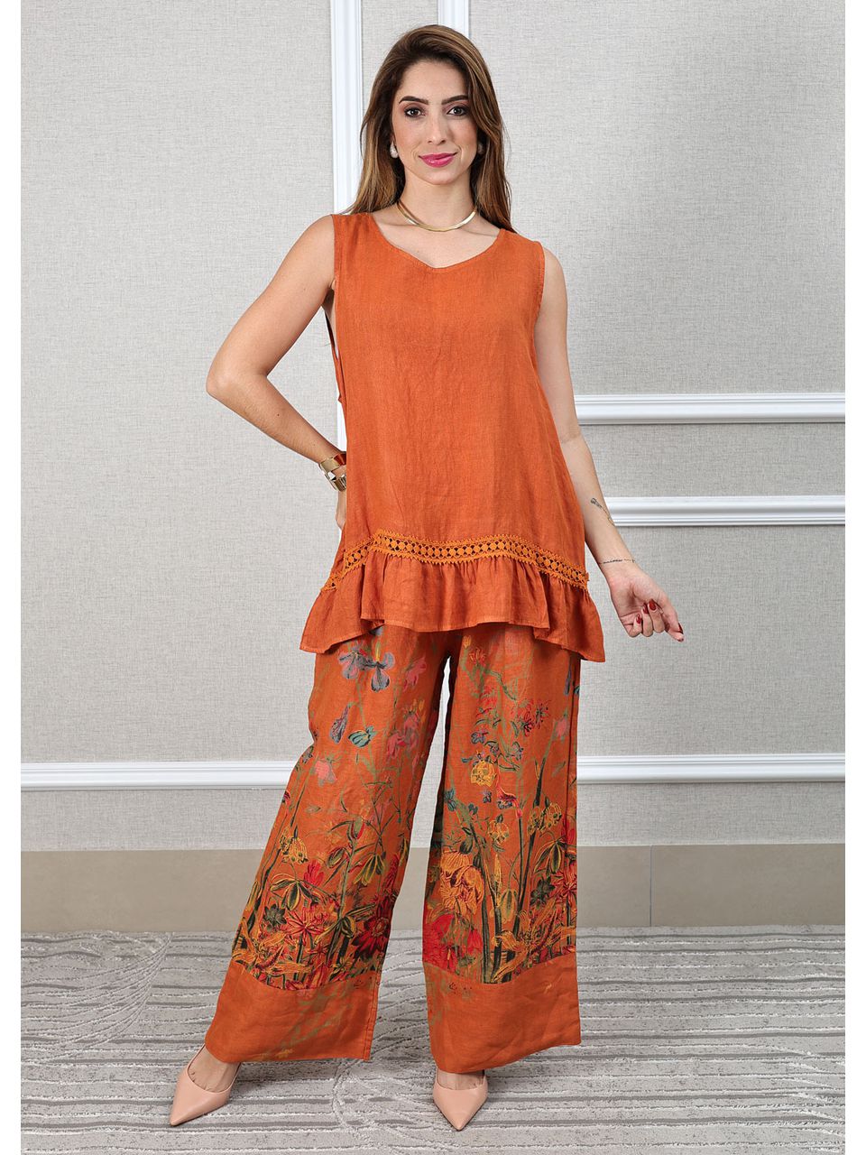 Conjunto Catarina Linho Italiano Terracota 