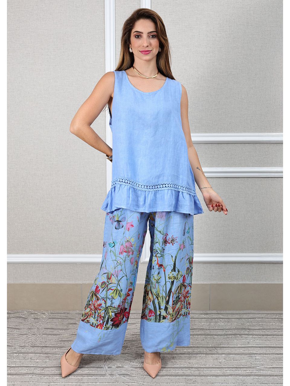 Conjunto Catarina Linho Italiano Azul Hortência 