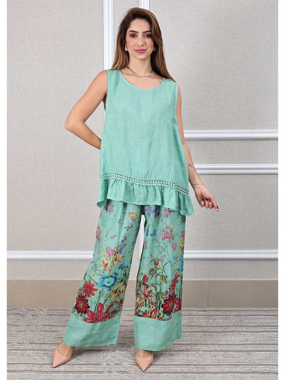 Conjunto Catarina Linho Italiano Verde Àgua 