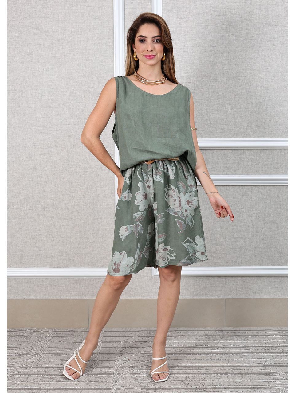 Conjunto Livia Linho Italiano Verde Militar