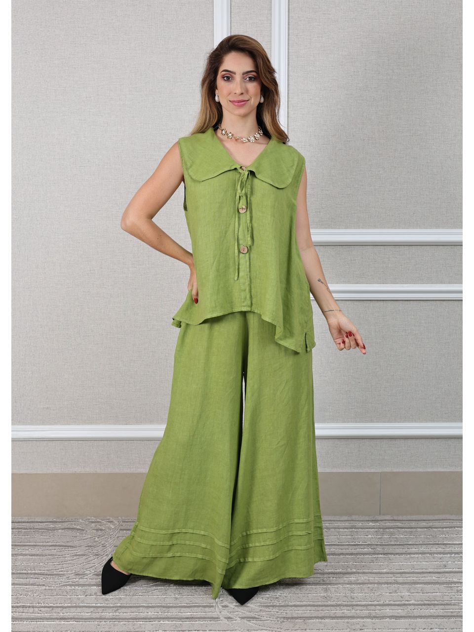 Conjunto Manuela Linho Italiano Verde Pistache 