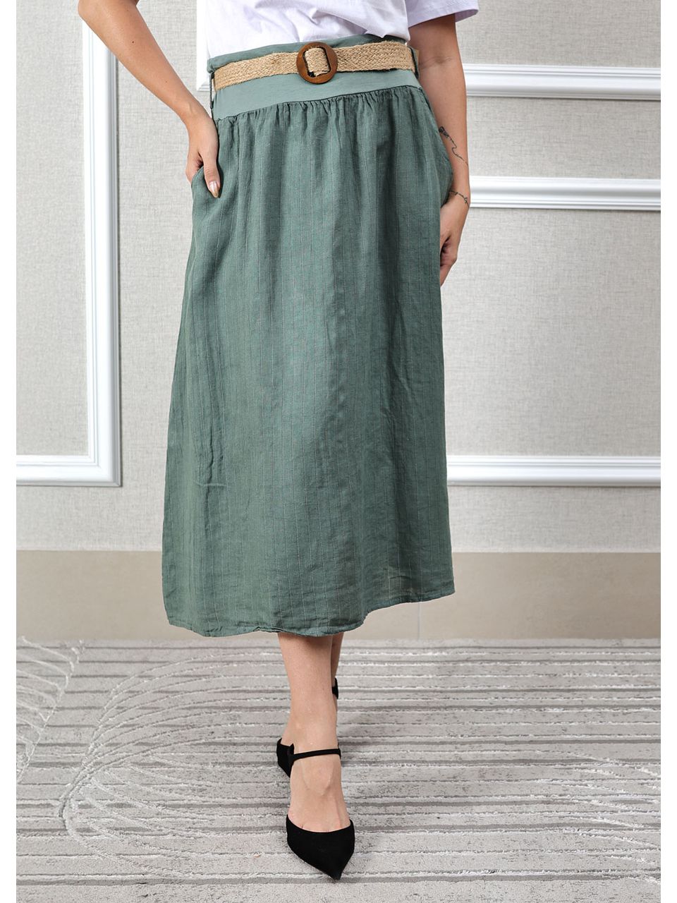 Saia Eulalia Linho Italiano Verde Militar