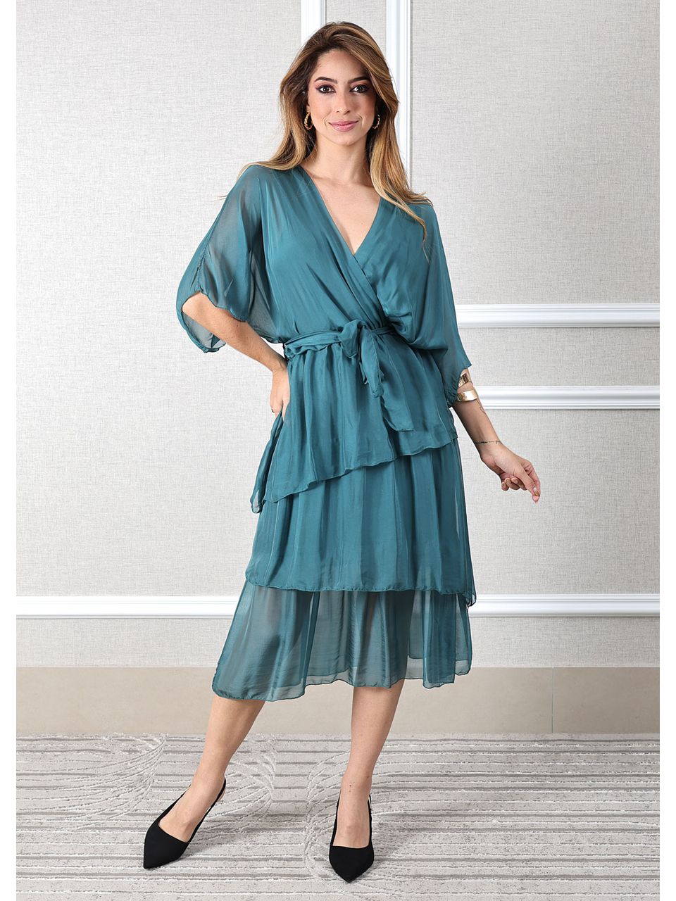 Vestido Stella Seda Italiana Petróleo .