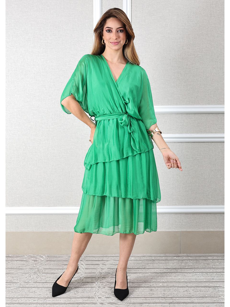 Vestido Stella Seda Italiana Verde Bandeira .