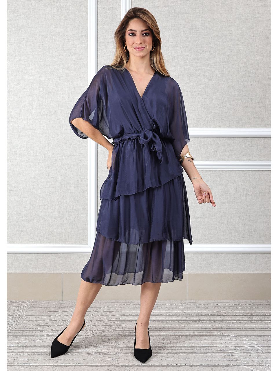 Vestido Stella Seda Italiana Azul Marinho .