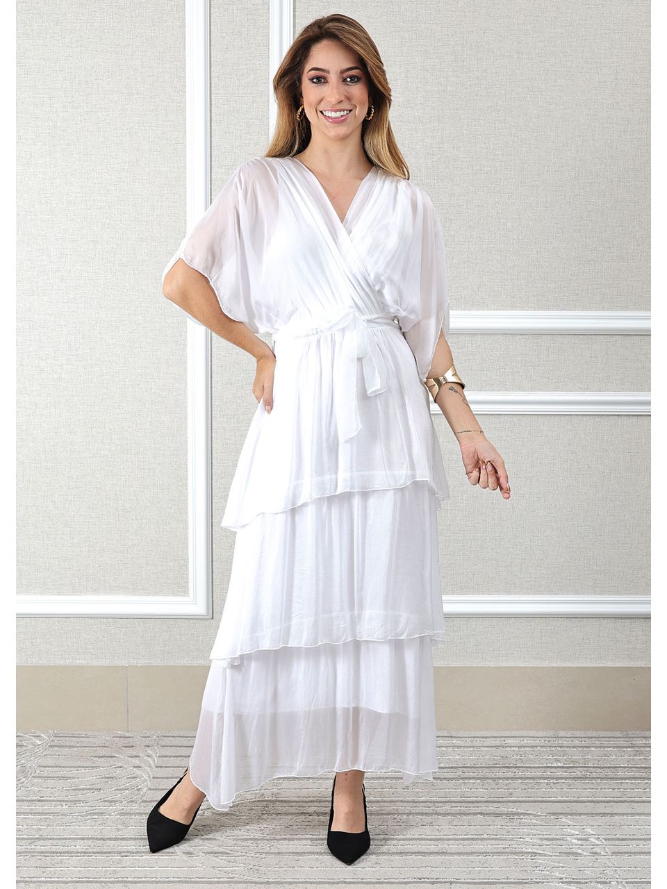 Vestido Stella Seda Italiana Branco .