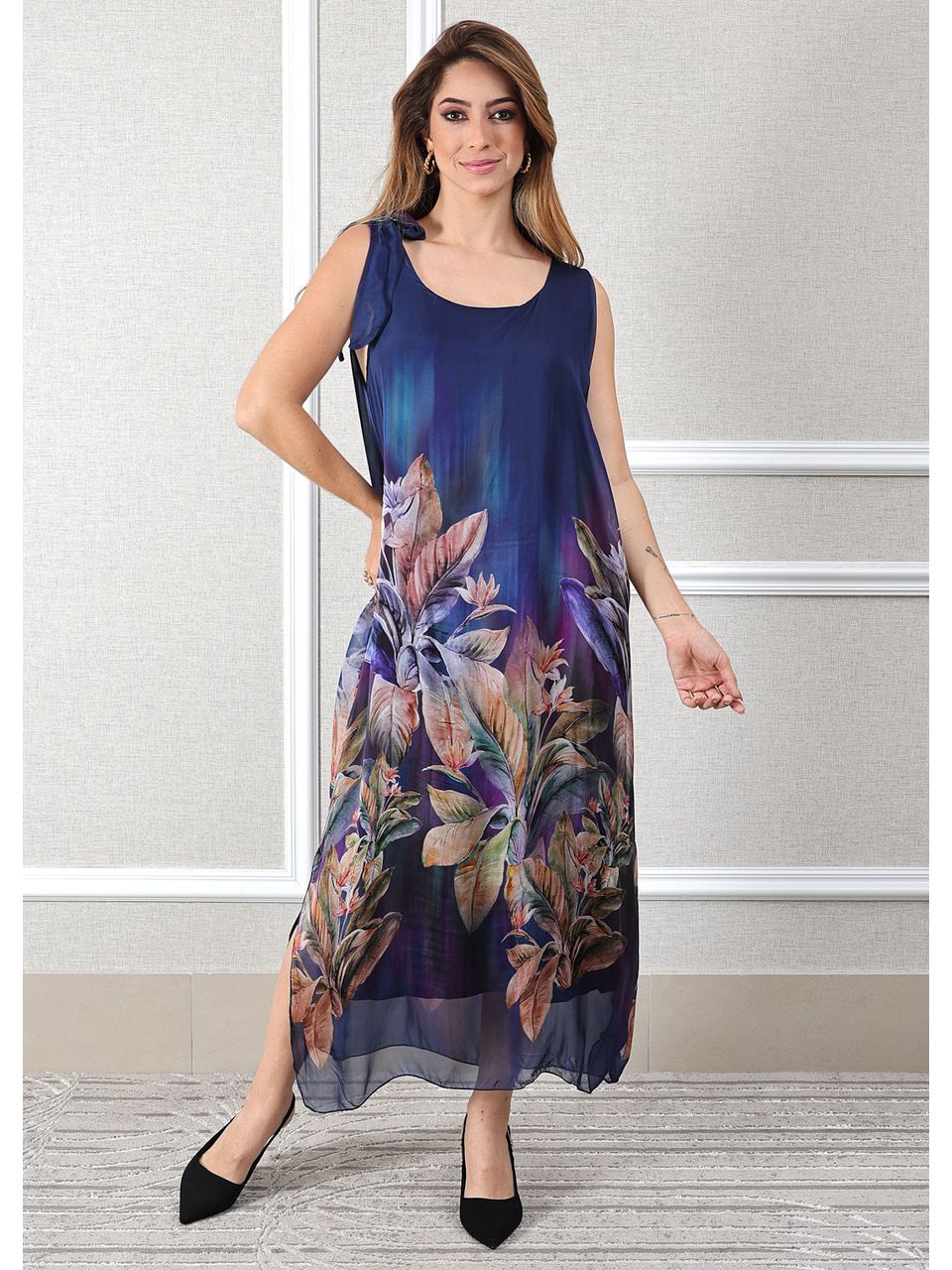 Vestido Luna Seda Italiana Azul Marinho .