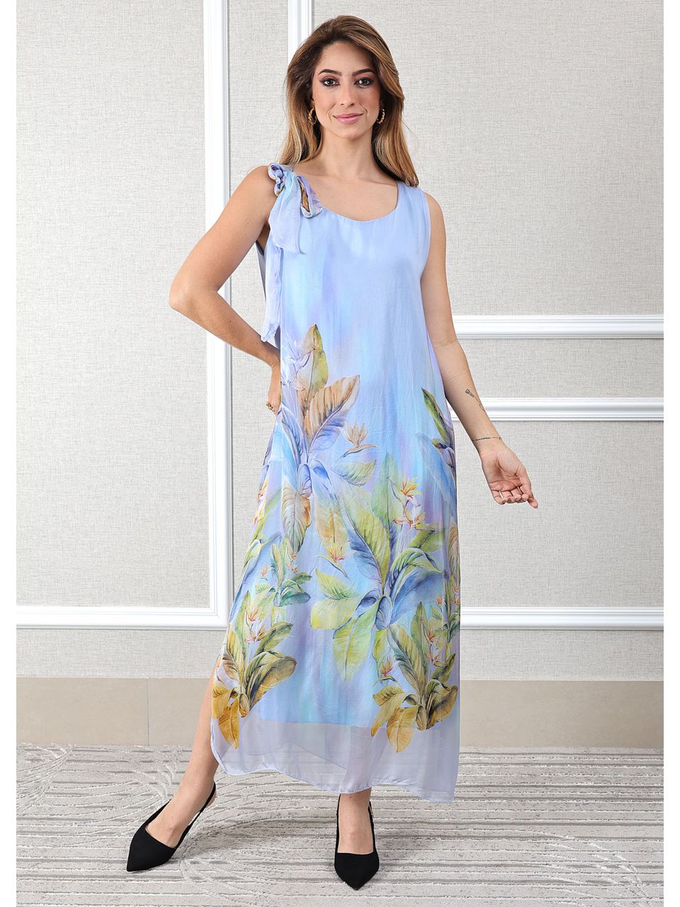 Vestido Luna Seda Italiana Azul Bebe .