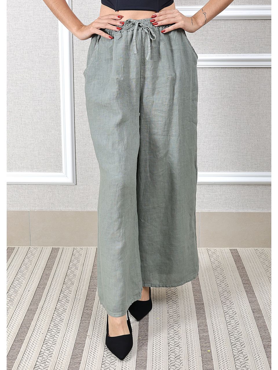 Calça Heloisa Linho Italiano Verde Militar