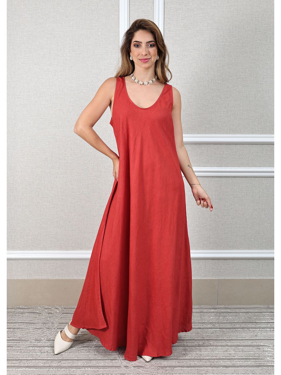 Vestido Maia Linho Italiano Terracota .