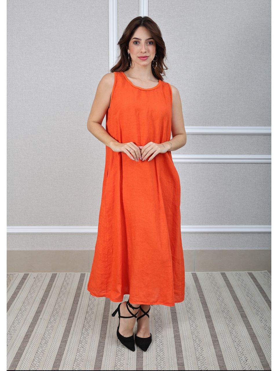 Vestido Eliane Linho Italiano Laranja