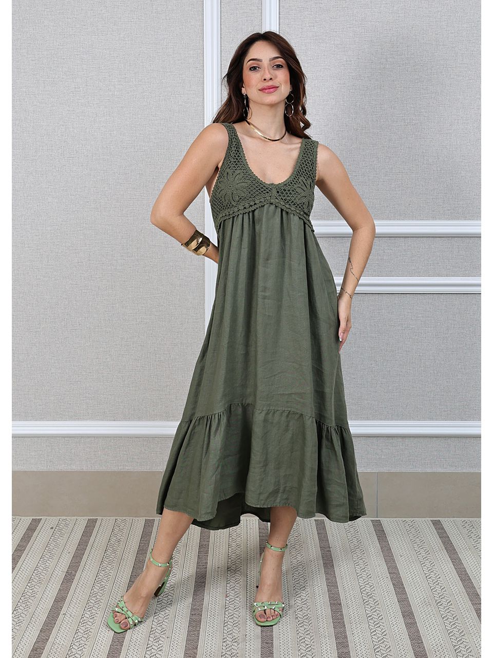 Vestido Barbara Linho Italiano Verde Militar 