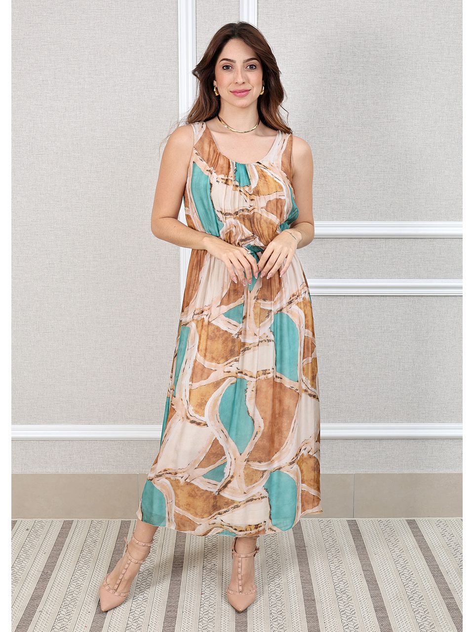 Vestido Mármore Seda Italiana Verde Água .