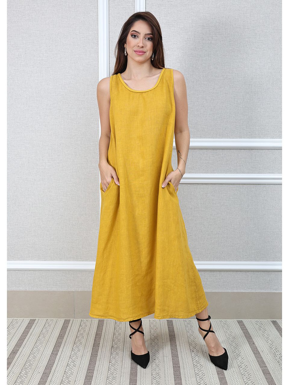 Vestido Eliane Linho Italiano Mostarda
