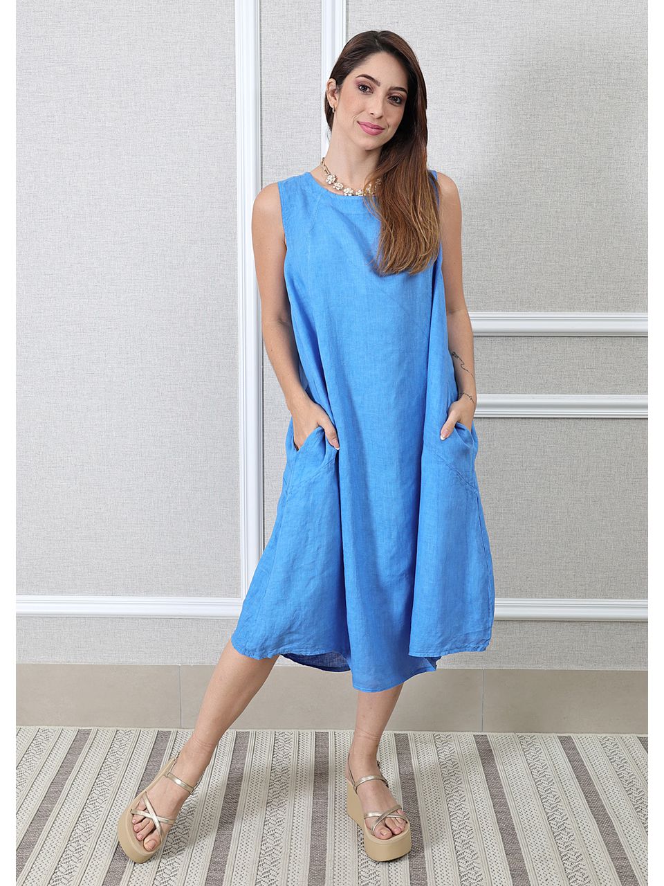 Vestido Analu Linho Italiano Azul Royal