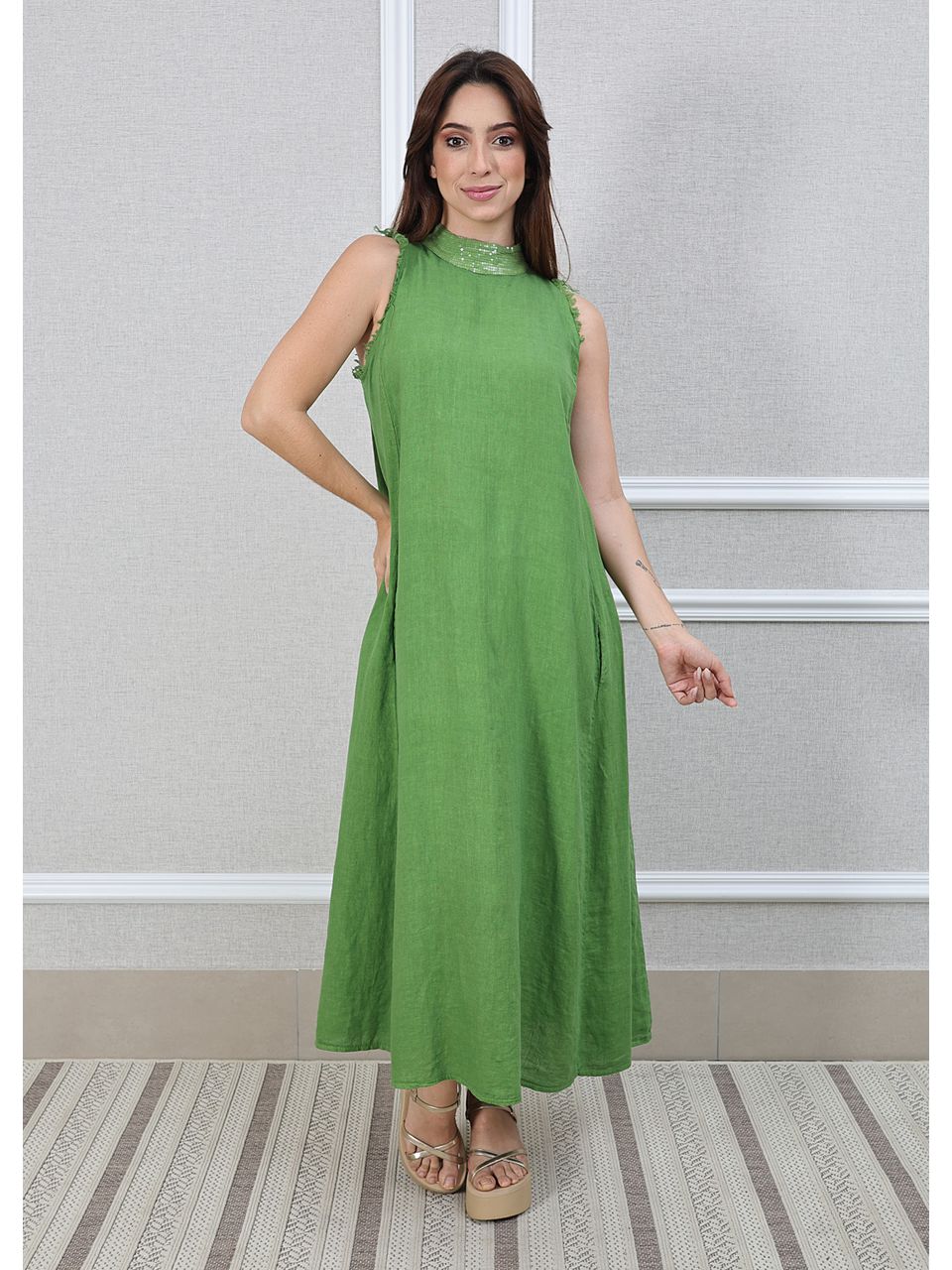 Vestido Maria Linho Italiano Verde Pistache