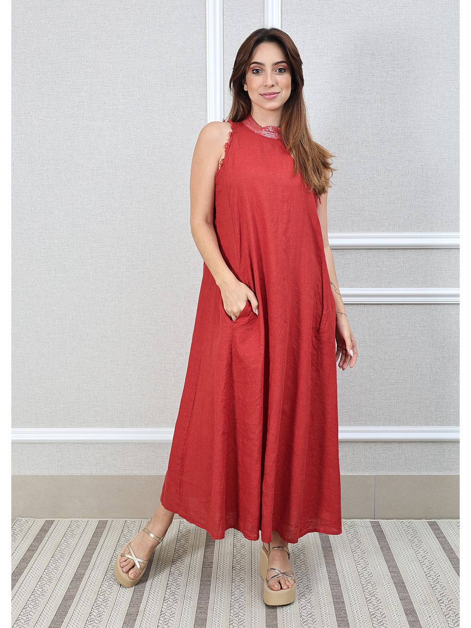 Vestido Maria Linho Italiano Terracota