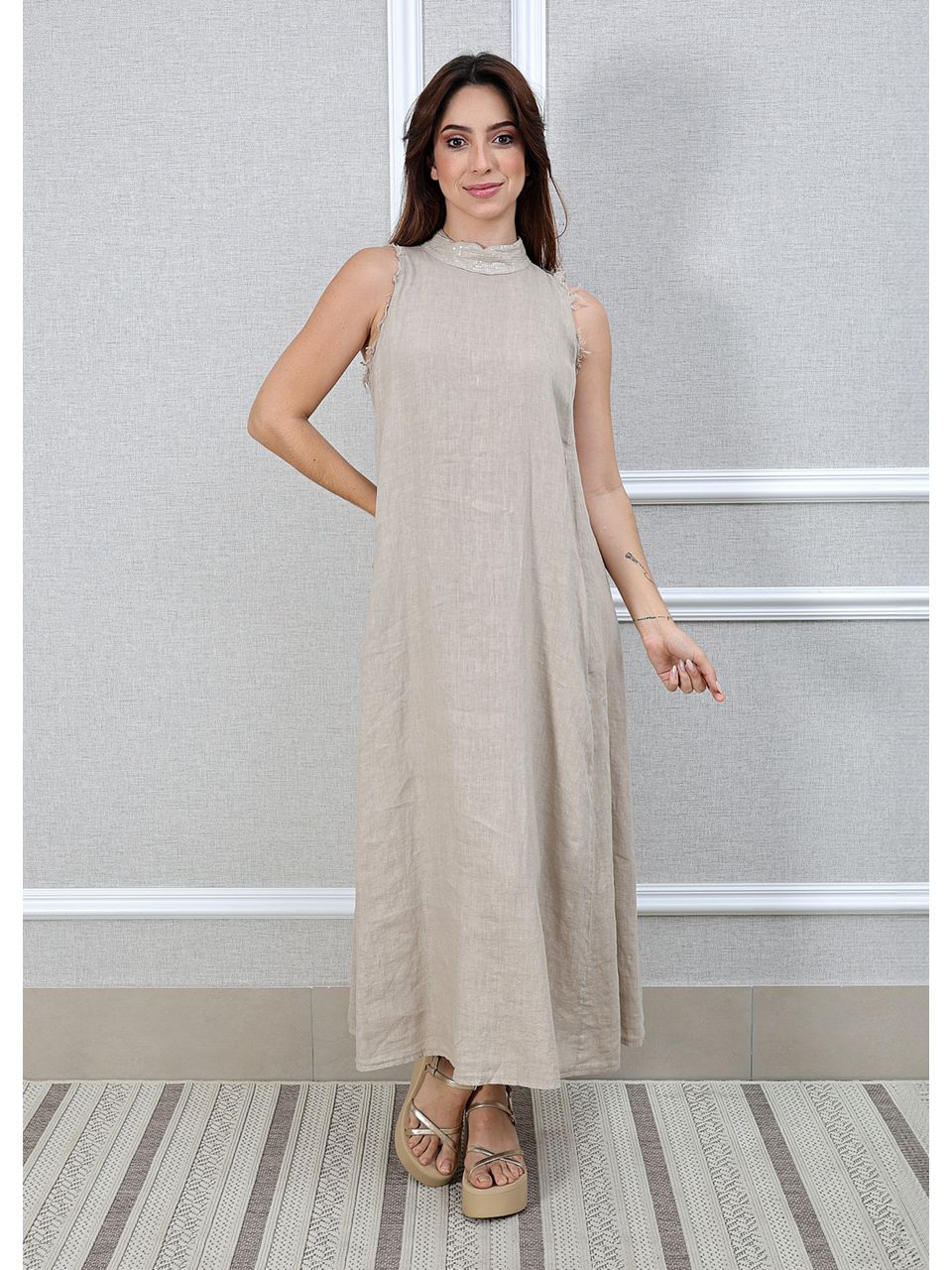 Vestido Maria Linho Italiano Bege
