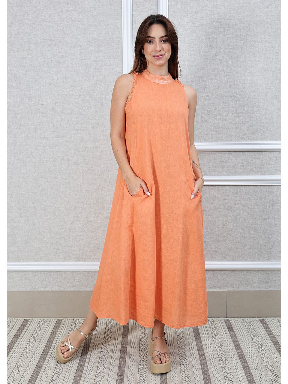 Vestido Maria Linho Italiano Pêssego