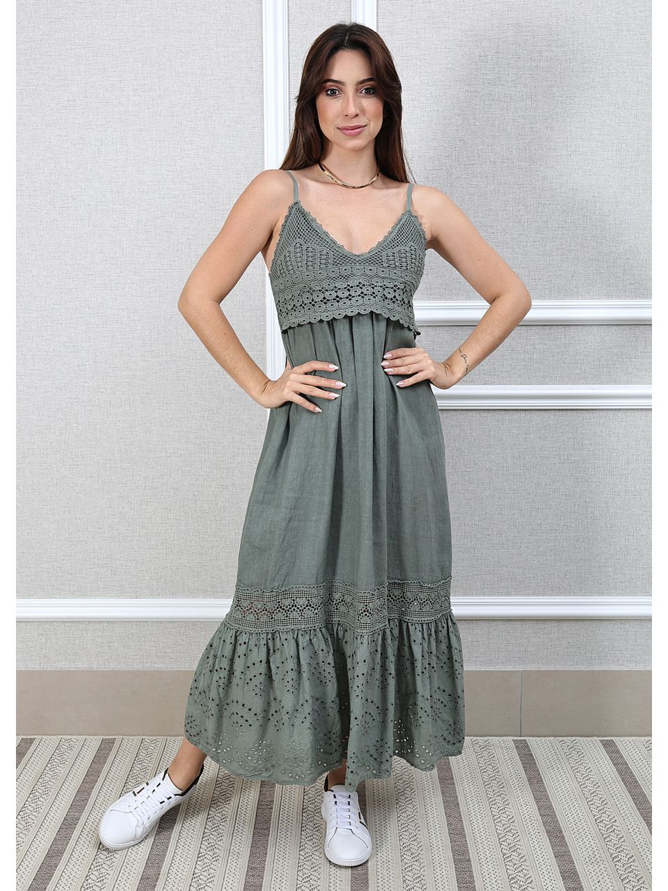 Vestido Francesca Linho Italiano Verde Militar