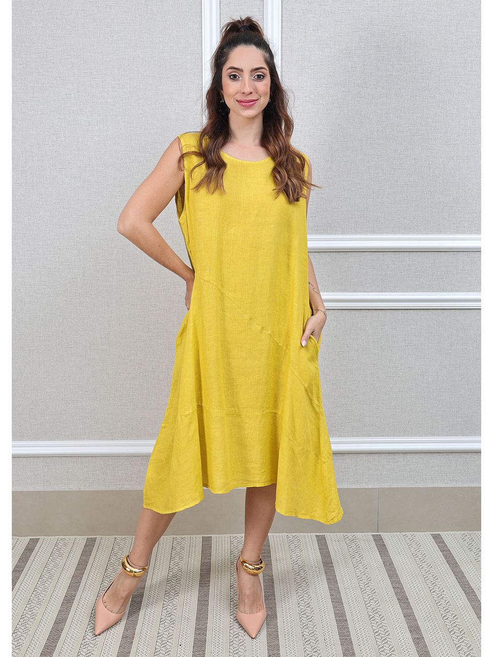 Vestido Lavinia Linho Italiano Mostarda 