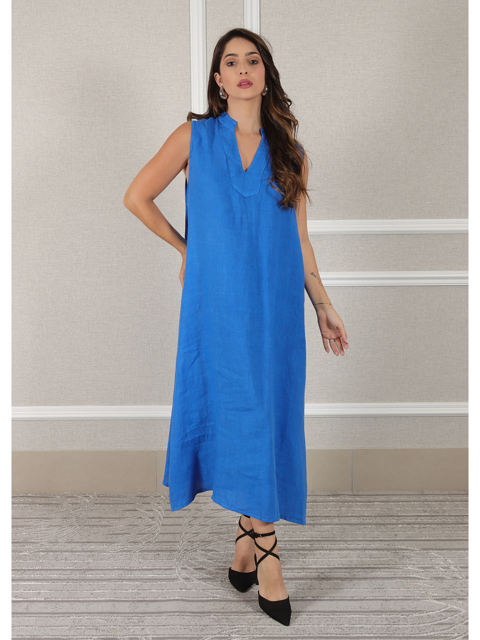 Vestido Luana Linho Italiano Azul Royal