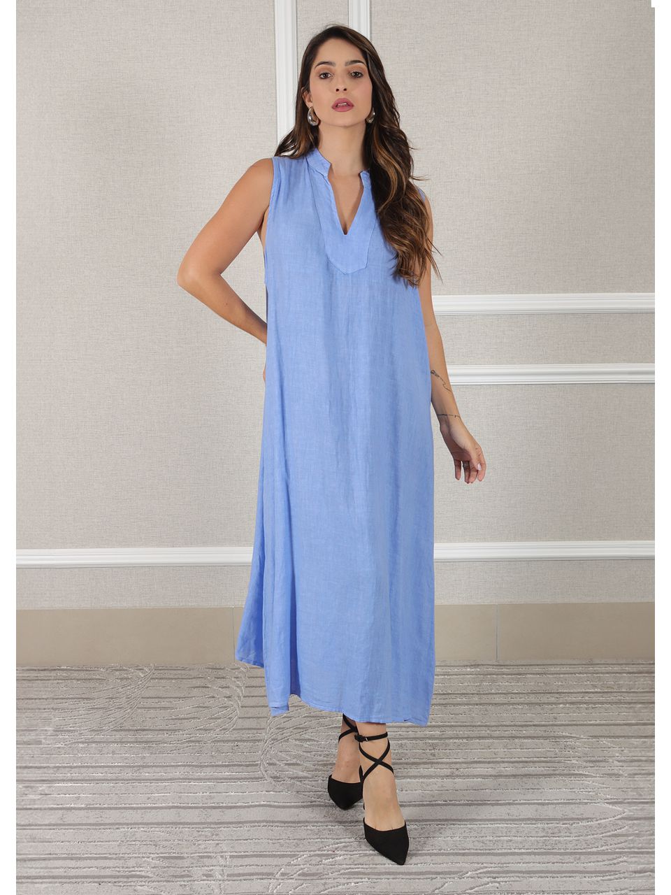 Vestido Luana Linho Italiano Azul Hortênsia