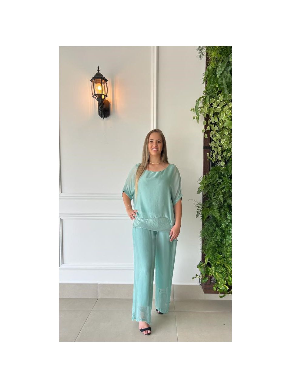Conjunto Maya Seda Italiana Verde Tiffany