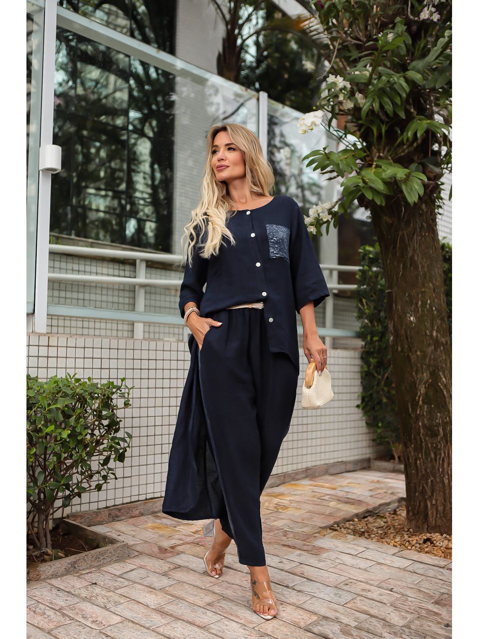 Conjunto Pérola Linho Italiano Azul Marinho