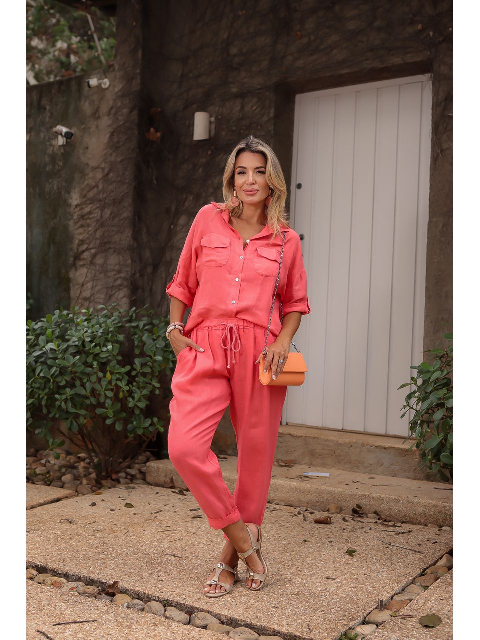 Conjunto Clássico Linho Italiano Coral