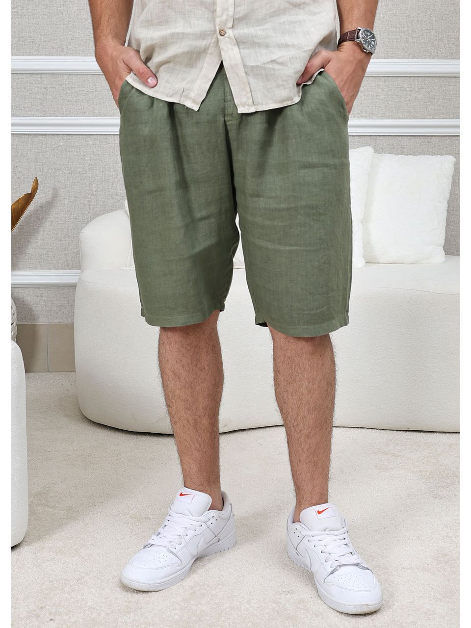 Bermuda Masculina Benício Linho Italiano Verde Militar