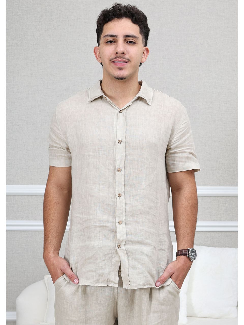 Camisa Masculina Manga Curta Davi - Linho Italiano Cru