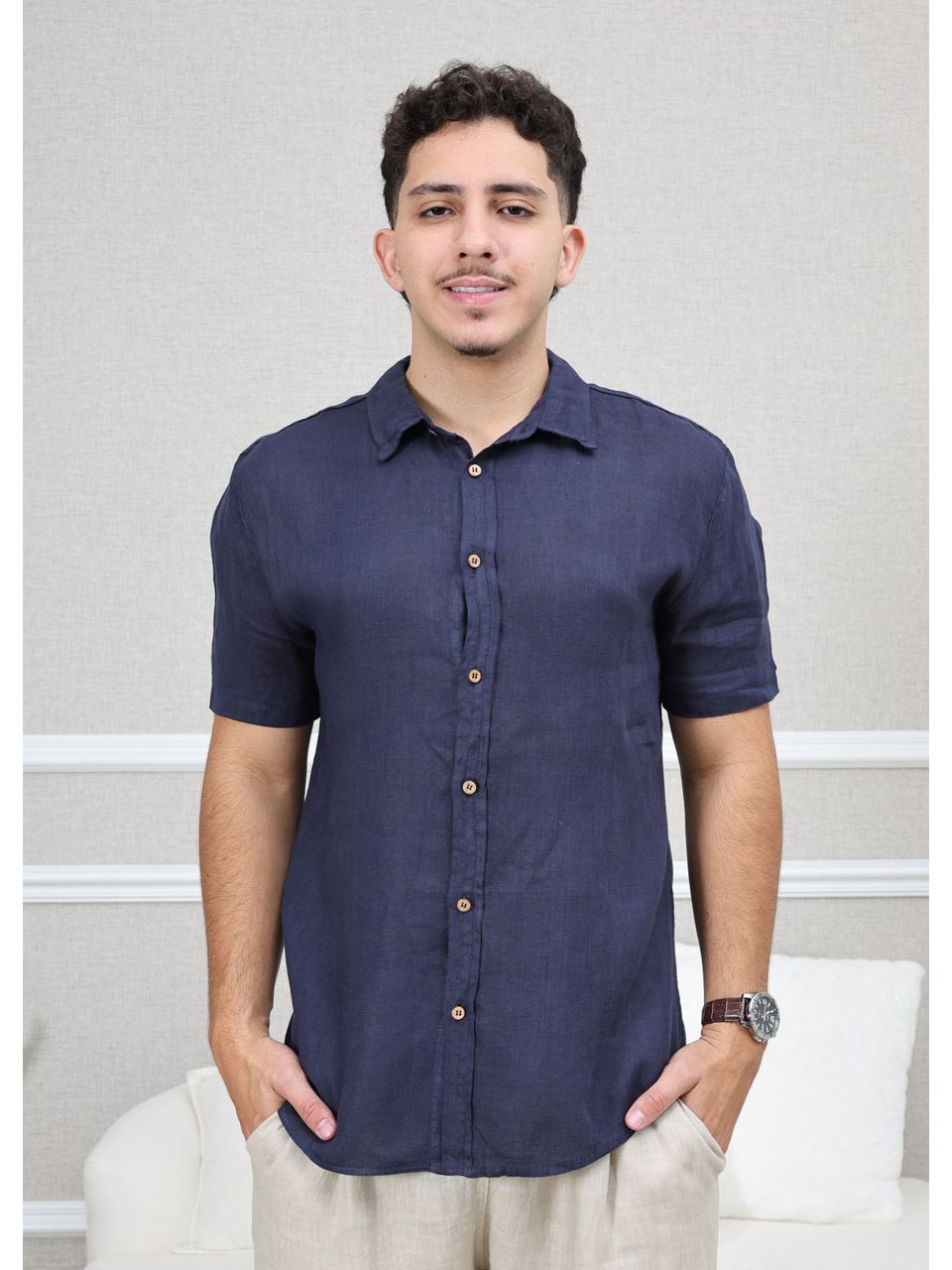 Camisa Masculina Manga Curta Davi - Linho Italiano Marinho