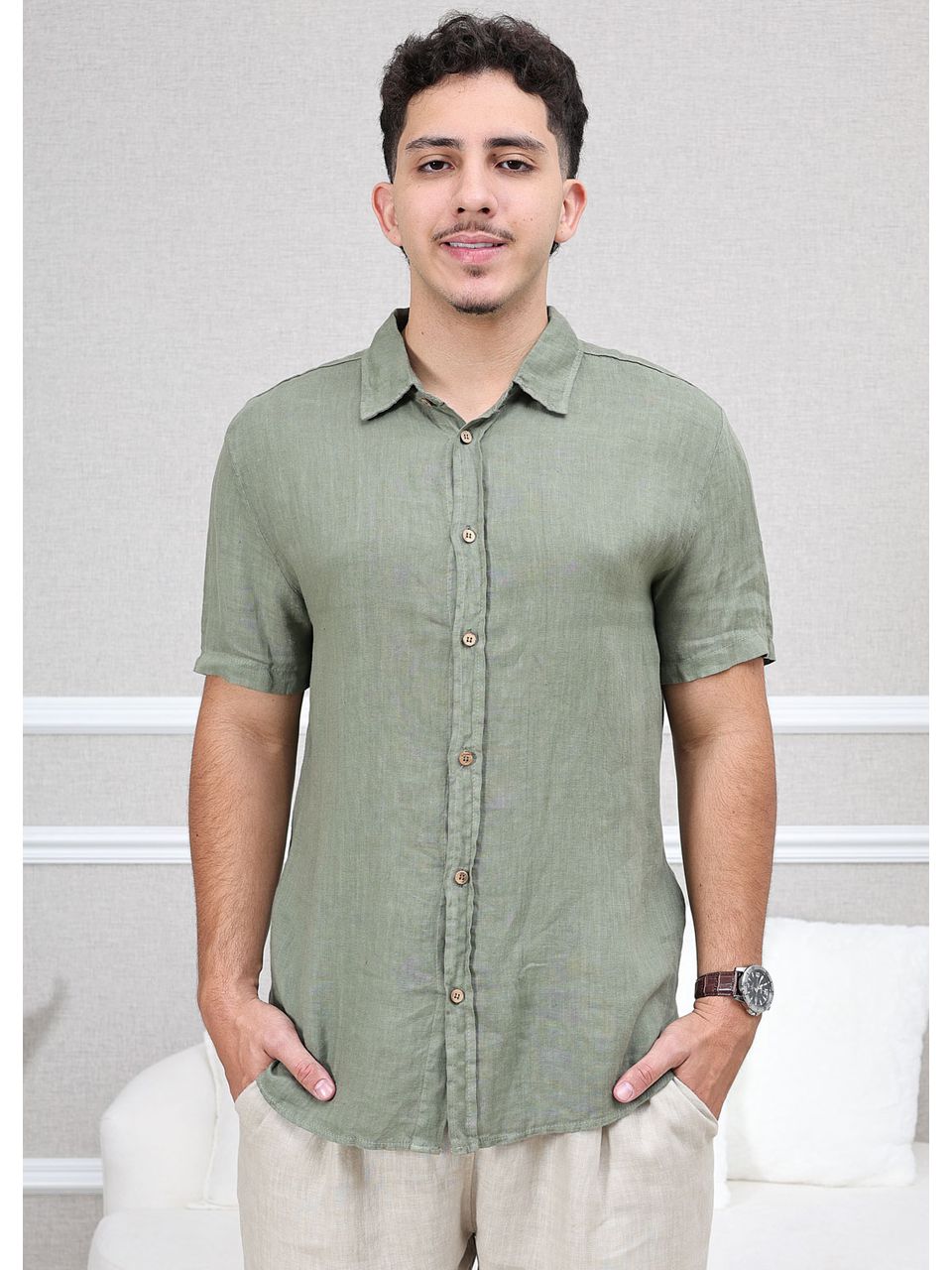 Camisa Masculina Manga Curta Davi - Linho Italiano Verde Militar