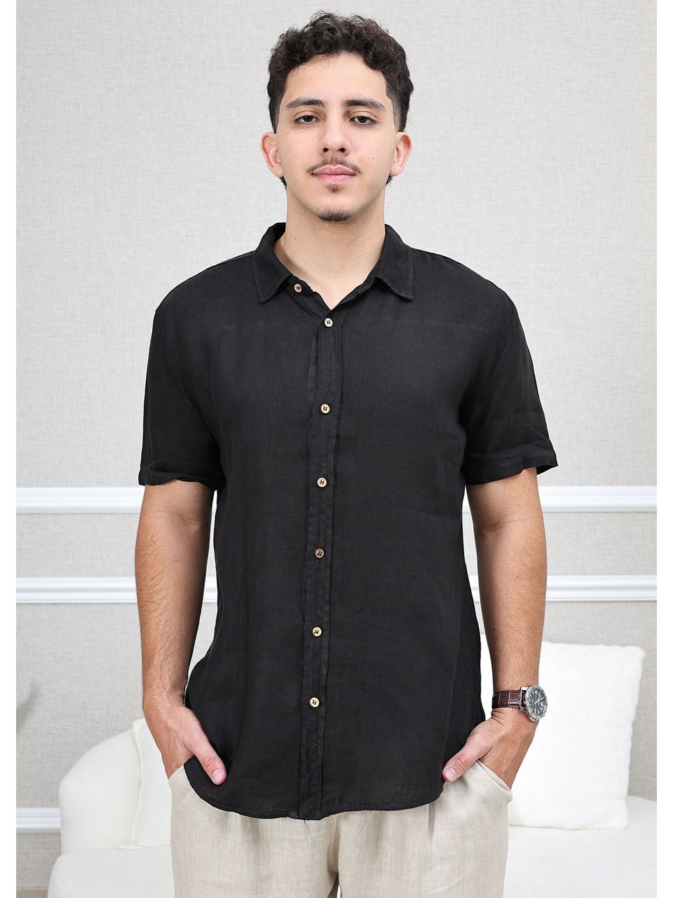 Camisa Masculina Manga Curta Davi - Linho Italiano Preta