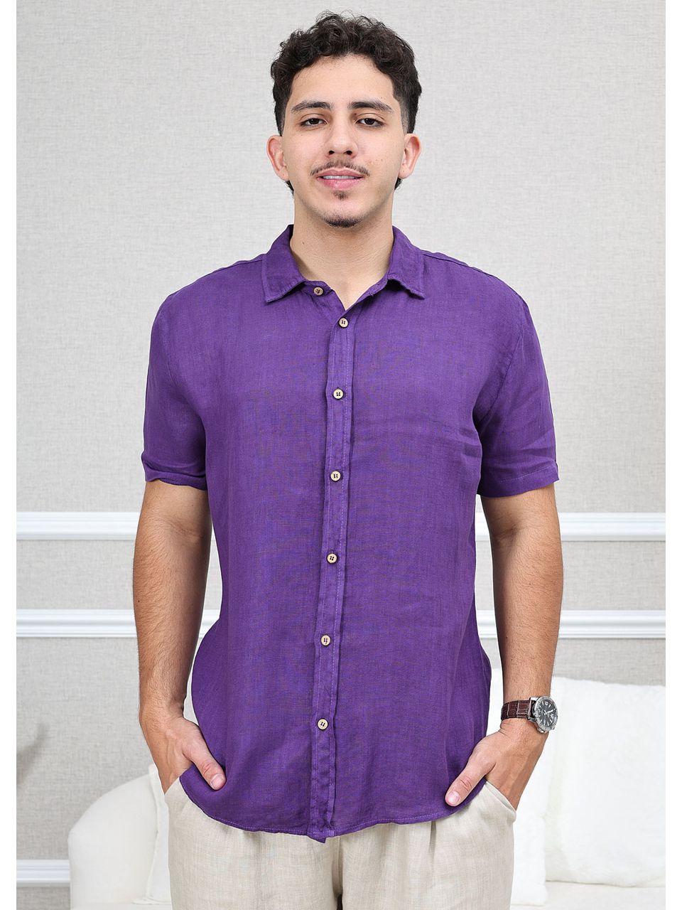 Camisa Masculina Manga Curta Davi - Linho Italiano Roxa