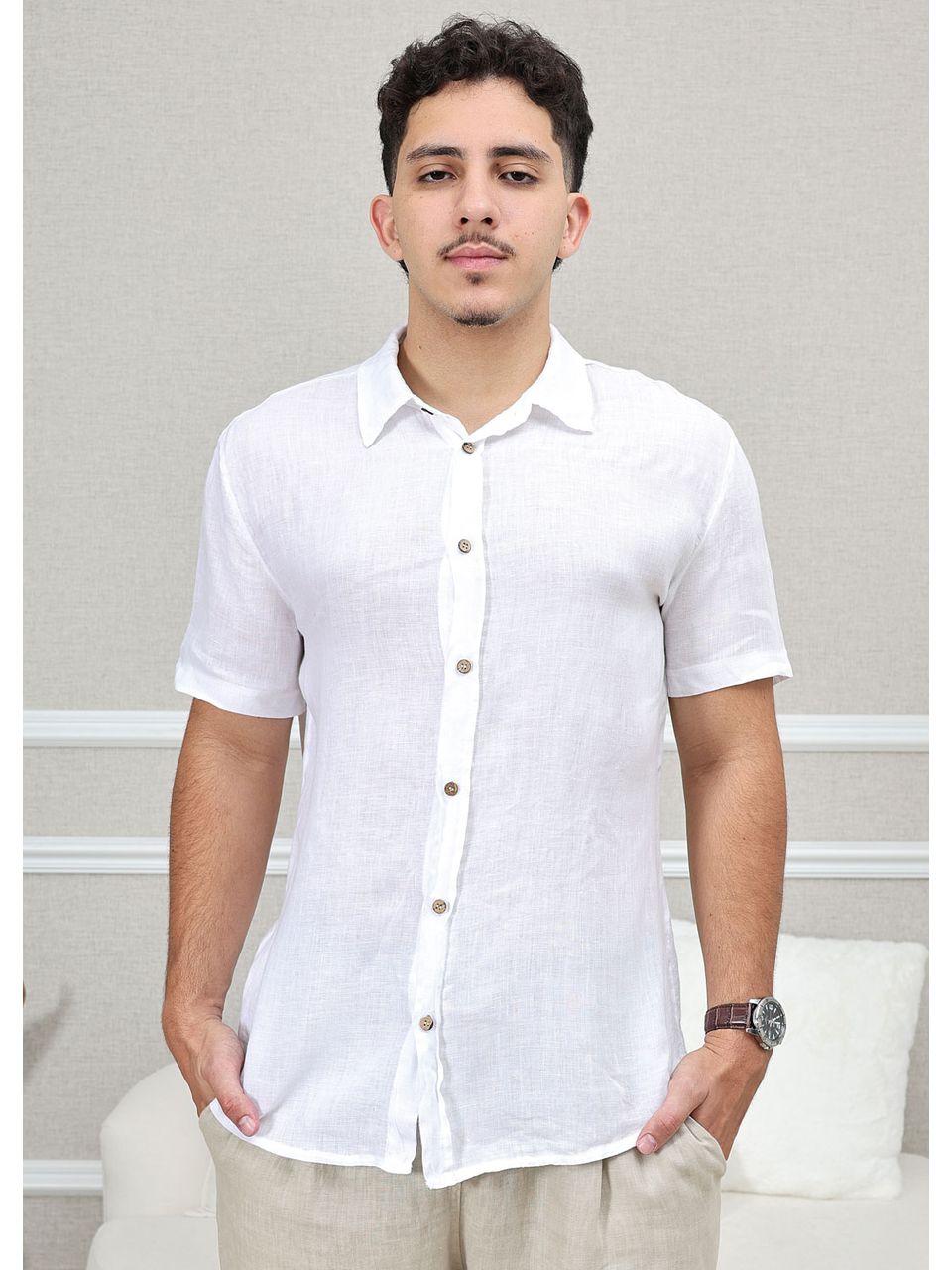 Camisa Masculina Manga Curta Davi - Linho Italiano Branca