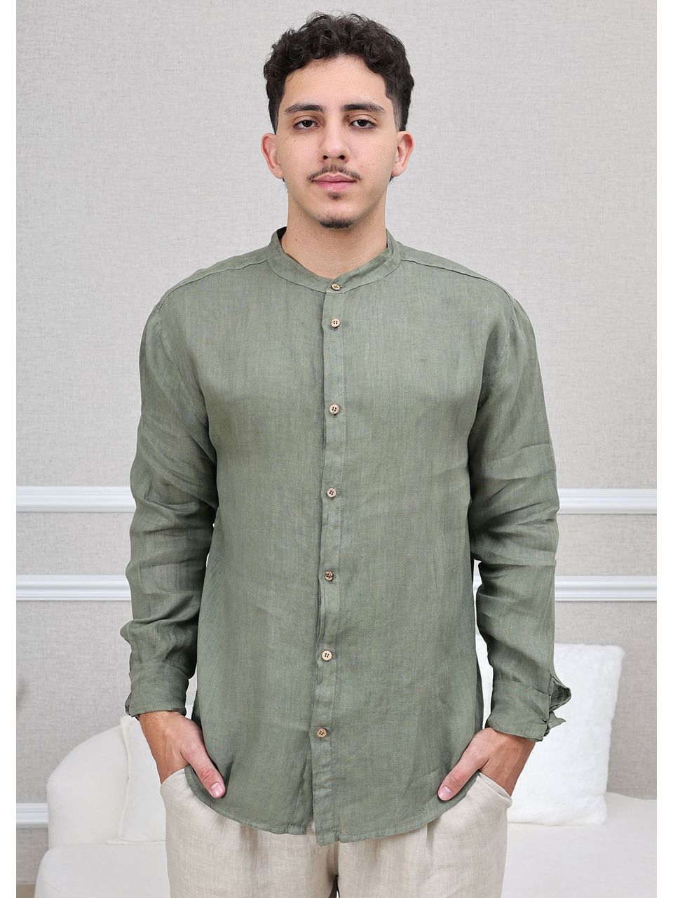 Camisa Masculina Enrico Linho Italiano Verde Militar