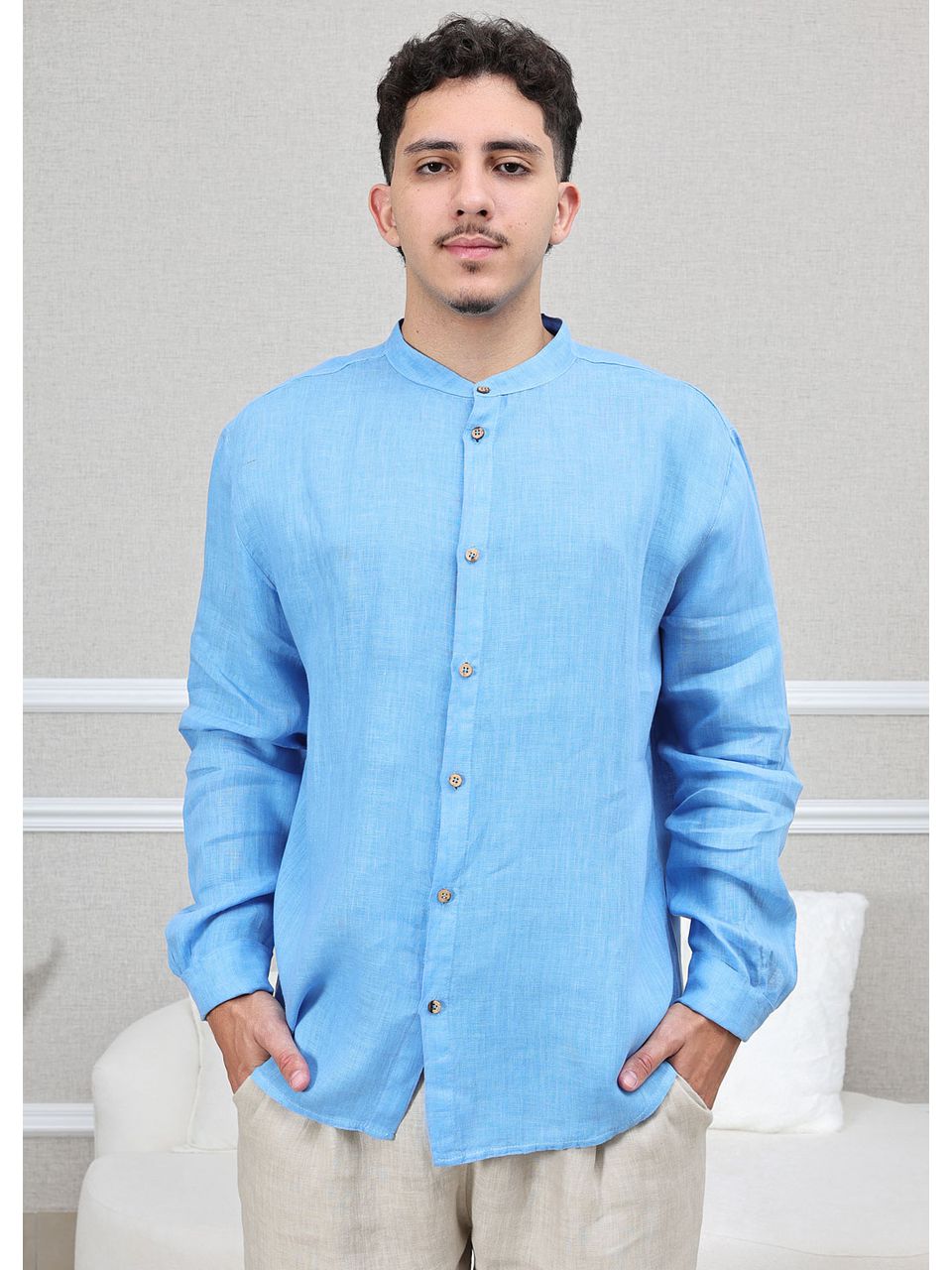 Camisa Masculina Enrico Linho Italiano Azul Hortênsia