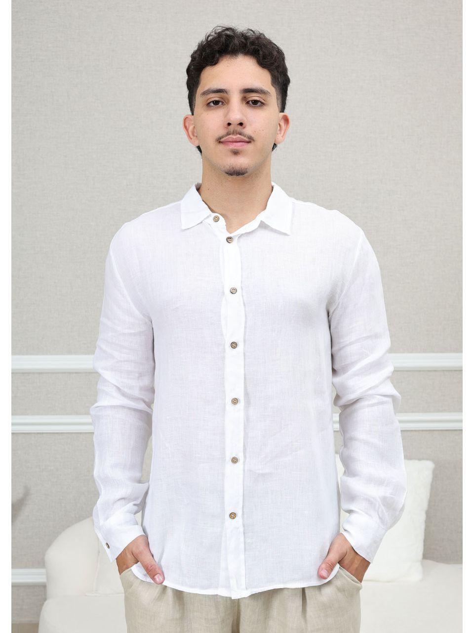 Camisa Masculina Manga Longa Samuel - Linho Italiano Branca