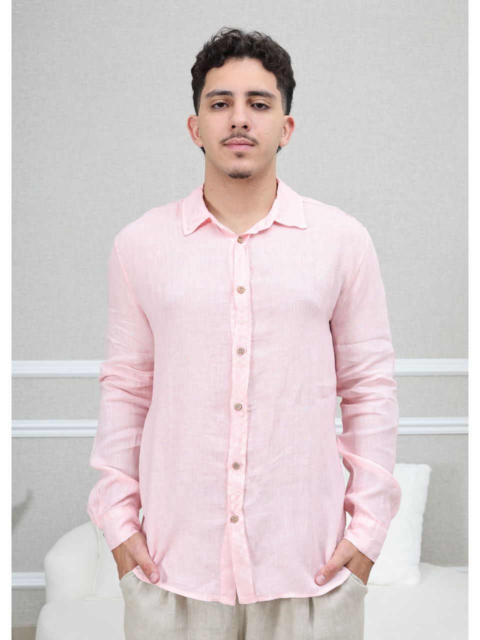 Camisa Masculina Manga Longa Samuel - Linho Italiano Rosa Bebe