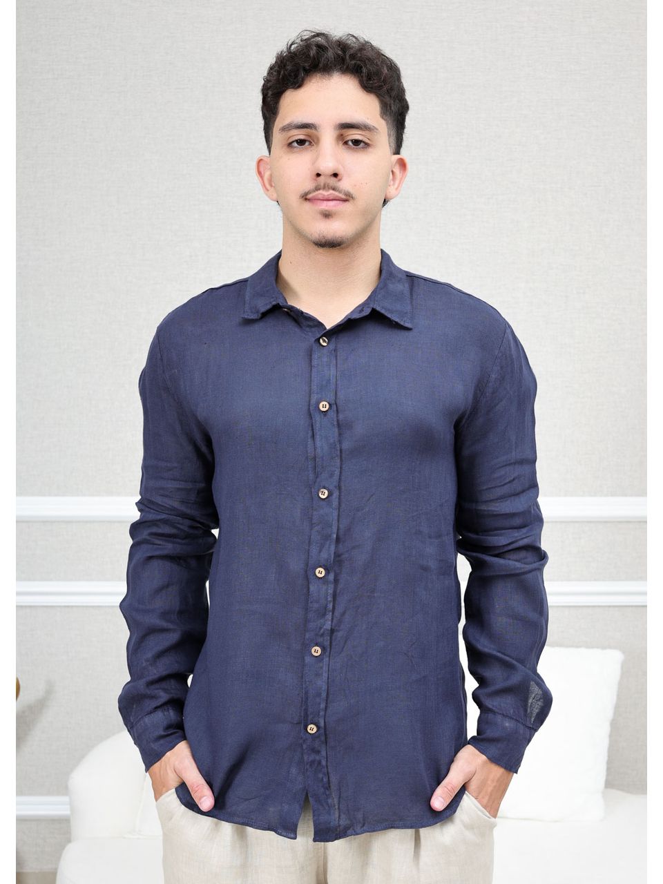Camisa Masculina Manga Longa Samuel - Linho Italiano Marinho