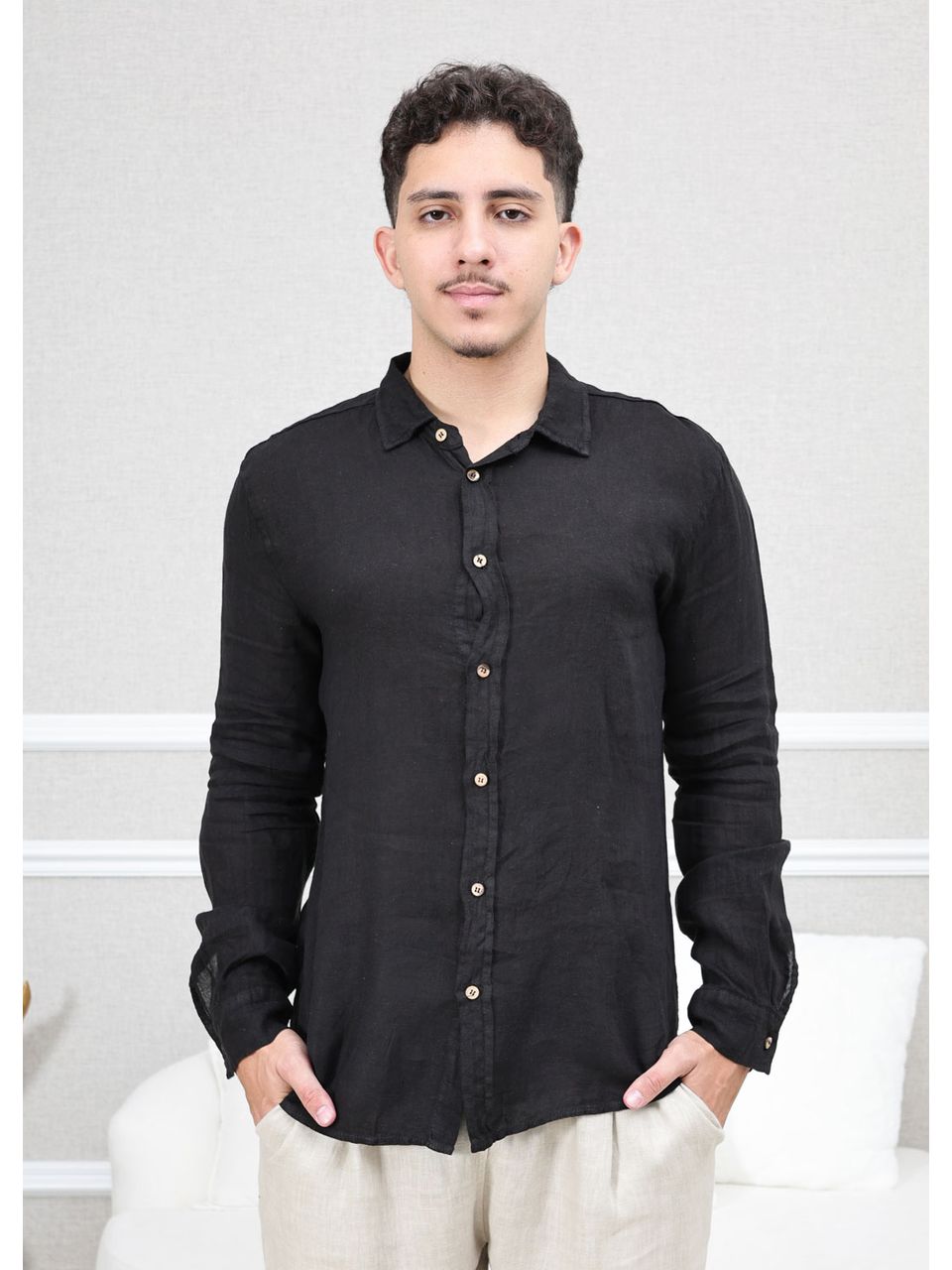 Camisa Masculina Manga Longa Samuel - Linho Italiano Preta