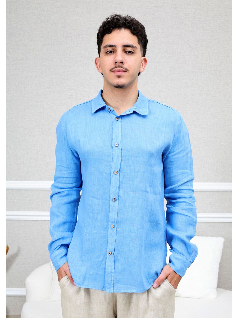 Camisa Masculina Manga Longa Samuel - Linho Italiano Azul Hortênsia