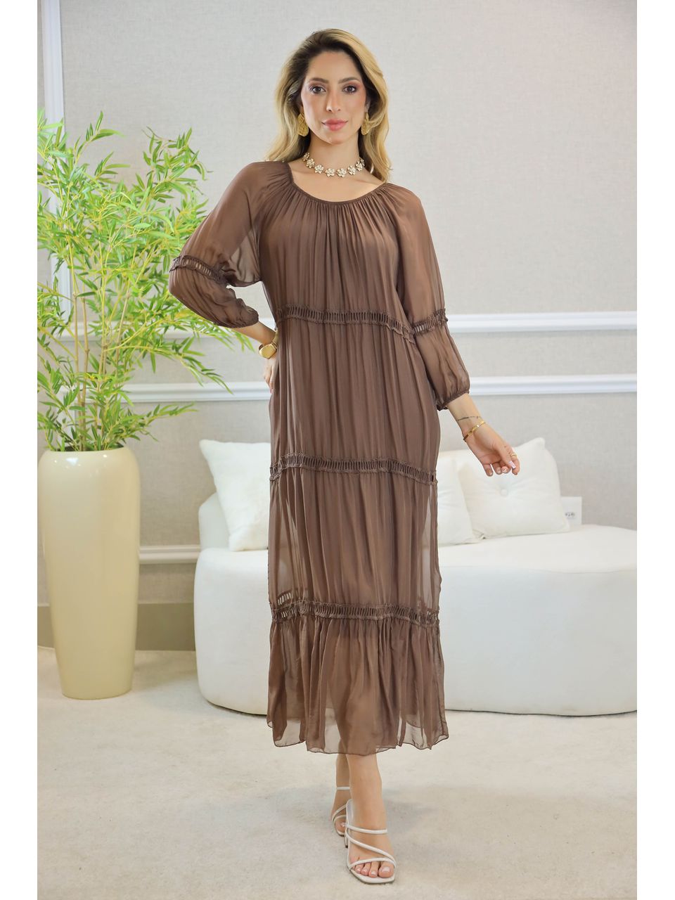 VESTIDO HANNA SEDA MARROM