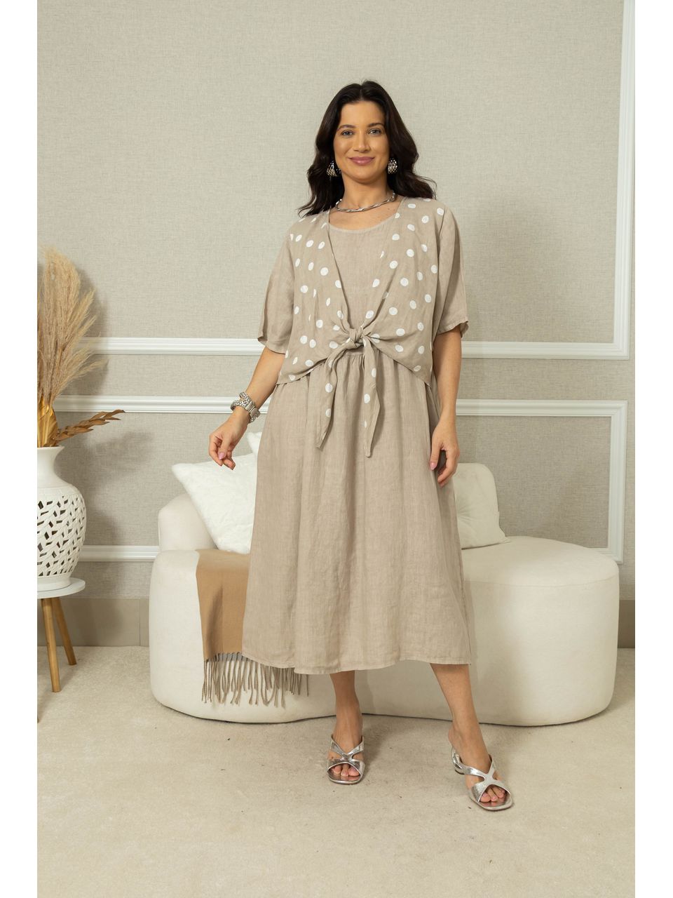 Vestido Charme Linho BEGE ESCURO